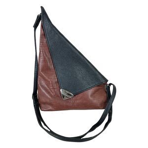 Tom Thomas Leathers Asymmetric Angle Black & Brown Crossbody Handbag Croc Emboss